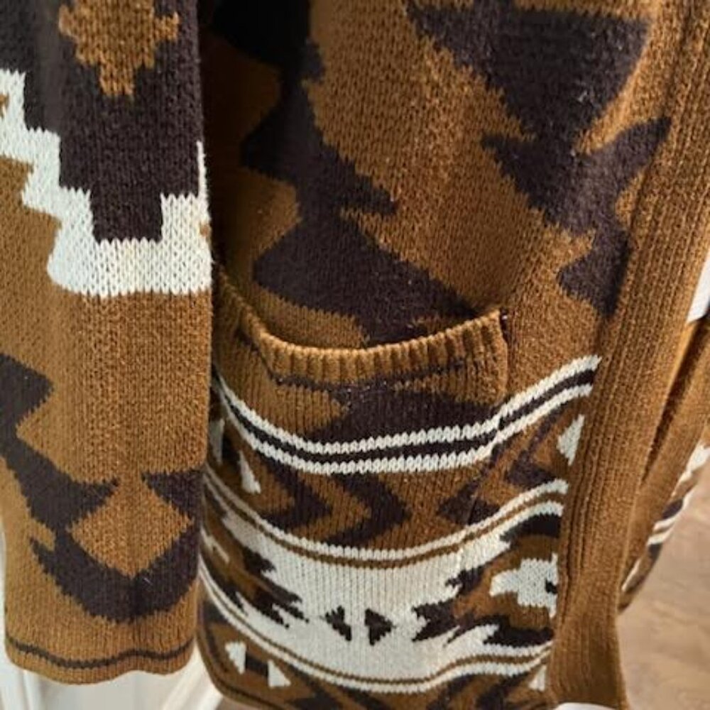 Lucky Brand Southwestern Aztec Pattern Open Front Cardigan Sz Large Brown Boho - Picture 8 of 12